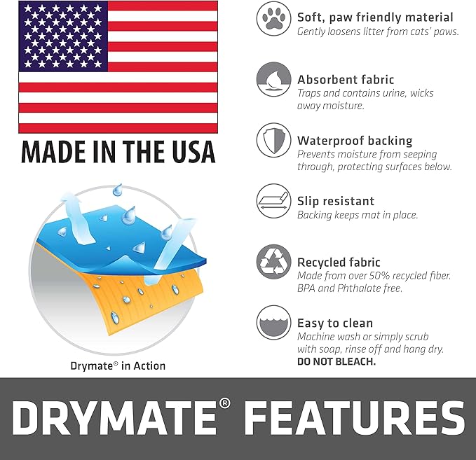 Drymate Cat Litter Box Mat, Litter Trapping Mat, Waterproof, Urine-Proof, Absorbent, Machine Washable, Soft on Paws, Contains Mess, Protects Floors, Kitten Supplies, Dark Blue, 29x36 XL