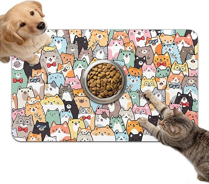 Dog Food Mat for Bowls, Absorbent Quick Dry Dog Cat Mats for Food and Water, Non-Slip Backing Pet Mat Pet Supplies - Cat Pattern