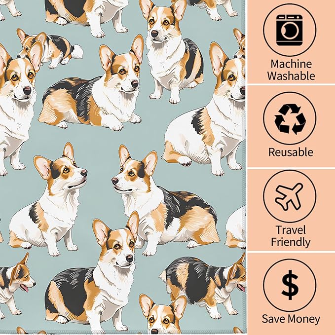 Cute Corgi Hand Towels - 2 Pack, 14.5" X 28",Soft Microfiber Polyester Light Blue Towel Set with Dog-Lover,for Fun Bathroom Kitchen Spa Hotel Decor Gifts Women Girls