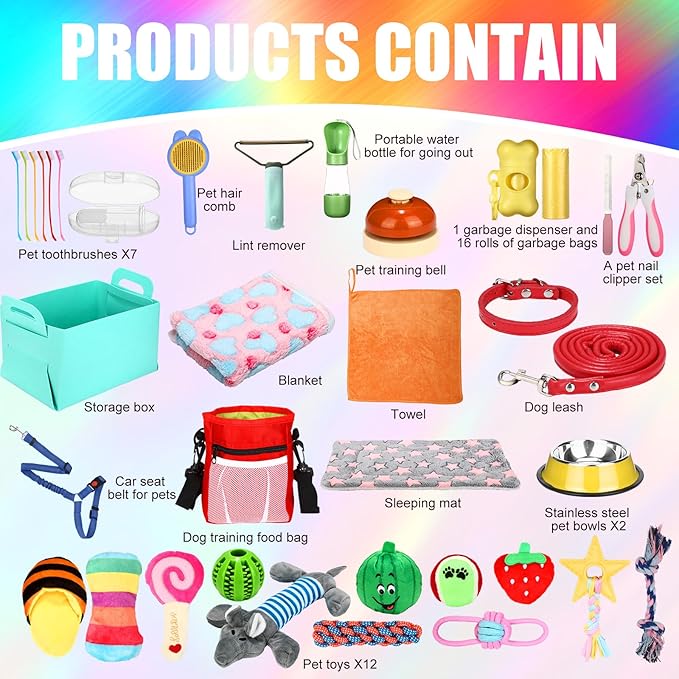 Abbylike 50 Pcs Puppy Supplies Starter Kit for Small Dogs Puppy Essentials Includes Leash, Bowls, Teeth Brushes, Water Bottle, and More Accessories for Dogs Pet Day Welcome Gift(Colorful)