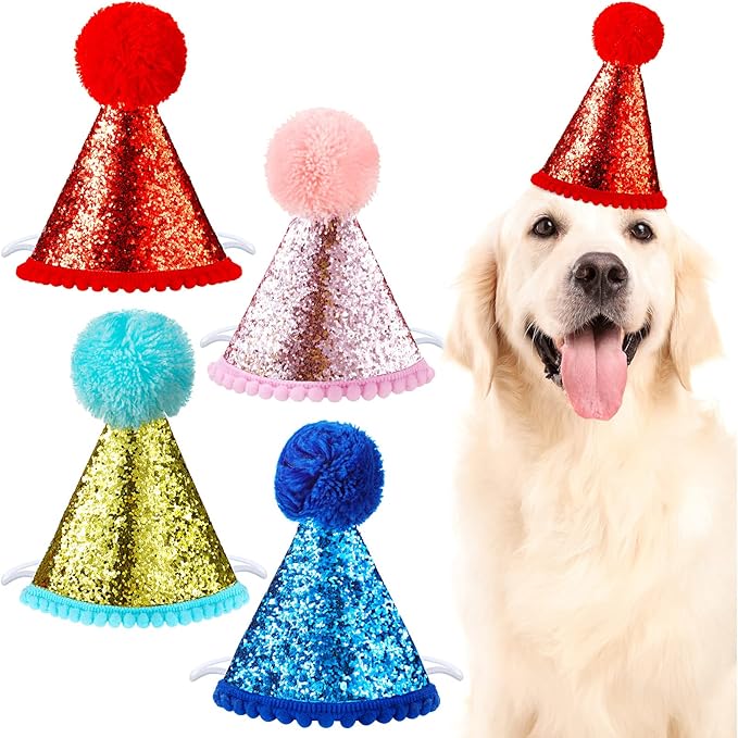 4 Pieces Dog Birthday Hat for Pets Christmas Party Decoration Accessories Pet Headband Hats Charms Grooming Accessories (Red, Pink, Gold, Blue,Fresh Style)