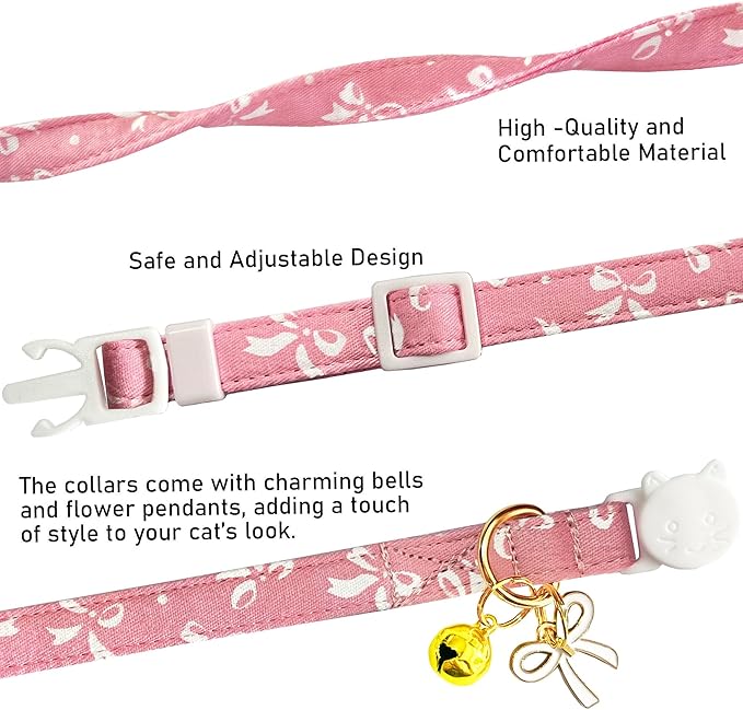 2 Pack Cotton Breakaway Cat Collars Set with Bell and Flower Pendant, Cute Floral Fruit Patterned, Adjustable 7.5-11Inch, Include A Mouse Toy Gift (Bowtie)
