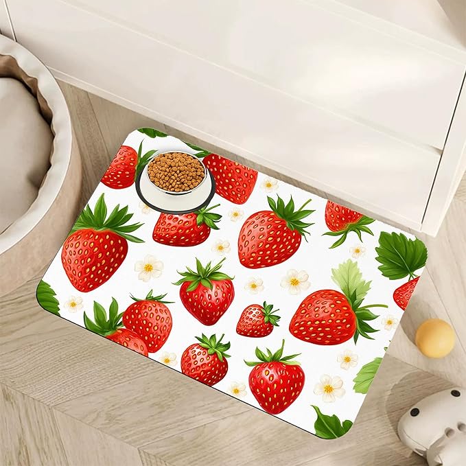 Cute Strawberry Flower Dog Cat Food Mat,Absorbent Pet Feeding Mat with Rubber Backing,Non-Slip Water Bowl Placemat,Indoor Pet Accessories Supplies 16"x24"