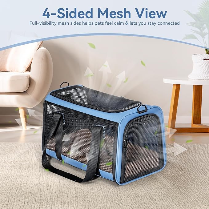PETSFIT Soft-Sided Cat Carrier with Patented Safety Buckles, Lockable Zippers & Safety Tether,Escape-Resistant Travel Pet Carrier for Car Rides & Vet Visits, Airline Approved Under-Seat, Up to 12 lbs