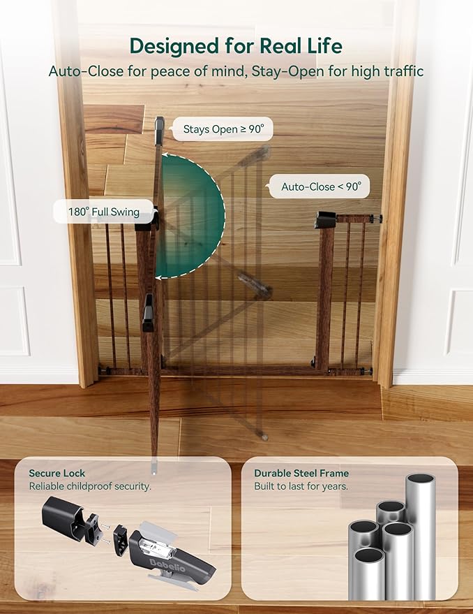 Babelio Metal Auto Close Baby Gate PressGuard P7,Extra Wide Pet Gate for The House and Doorways, Pressure Mounted Walk Thru Child Gate with Door (Black Wood Pattern, 30" Tall 29"-55" Wide)