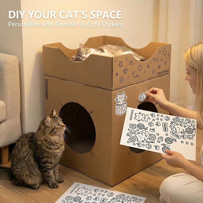 Modular Cardboard Cat Condo System, Semi-Enclosed Cube Module with Side Openings, Foldable Stackable DIY Cat House for Indoor Cats