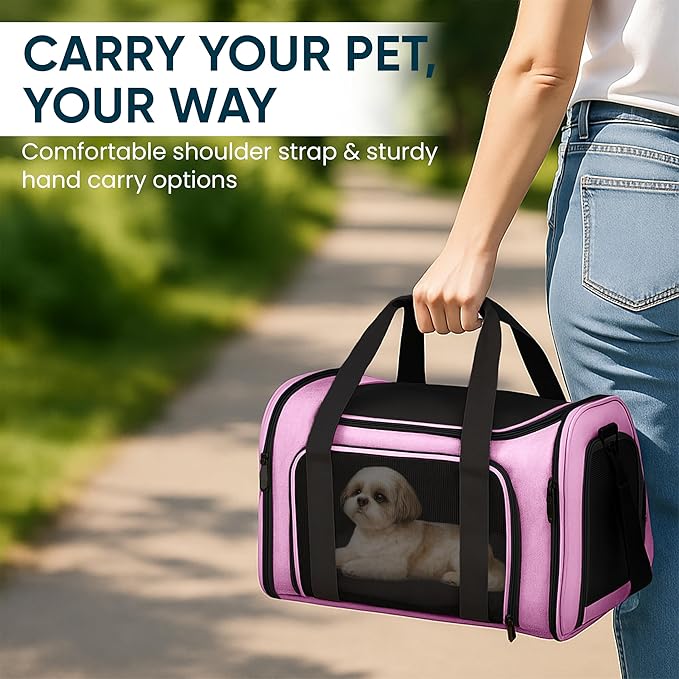 Pet Travel Carrier Bag – Airline Approved Soft-Sided Dog & Cat Carrier, Foldable, Breathable Mesh, Washable Pad – Fits Pets up to 15 lbs – The Pup Quartet (Pink)