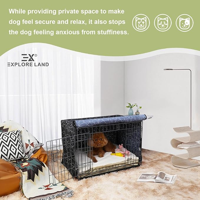 Explore Land Pattern Dog Crate Cover for 42 Inches Wire Cage, Heavy-Duty Polyester 1 2 3 Doors Standard Metal Pet Kennel Enclosure (Brief Polygonal)