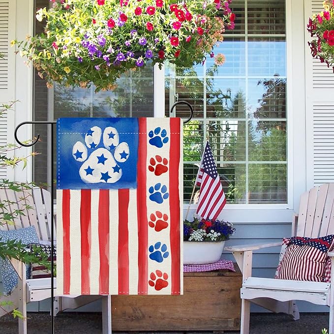 Dyrenson 4th of July Dog Cat Paw Prints Decorative Garden Flag, Patriotic America Watercolor Yard Outside Home Decorations Pet Lover Gift, American USA Burlap Outdoor Small Decor Double Sided 12 x 18