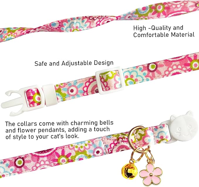 2 Pack Cotton Breakaway Cat Collars Set with Bell and Flower Pendant, Cute Floral Fruit Patterned, Adjustable 7.5-11Inch, Include A Mouse Toy Gift (Flower+Geometry)