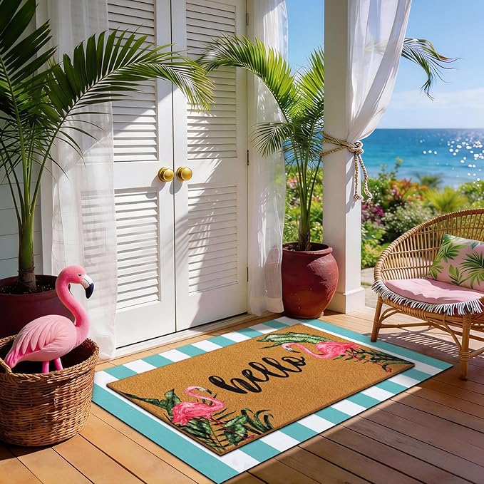 Tinideya 2 Pcs Summer Door Mat Flamingo Welcome Non Slip Coir Hello Mats Floor Layering Doormats Seasonal for Front Porch Entryway Decor(Brown Green White,Hello Flamingo)
