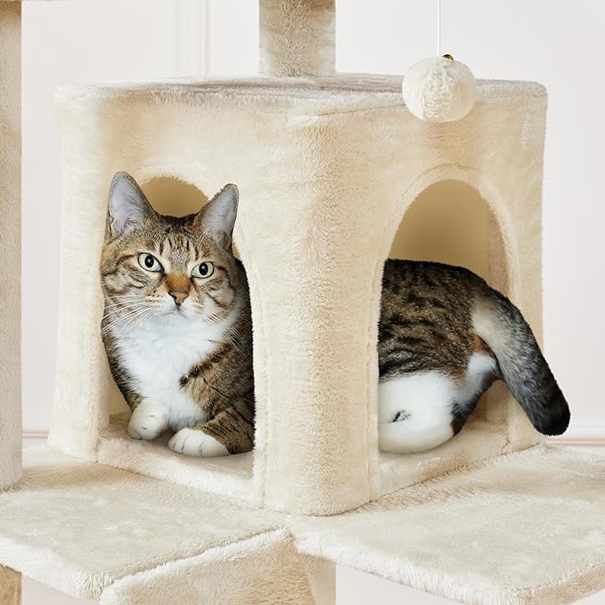 Yaheetech XL Cat Tree, 80in Multi-Level Cat Tower w/Scratching Posts, Double Condo, Perched Platforms and Dangling Balls, Pet Stand House for Kittens, Beige
