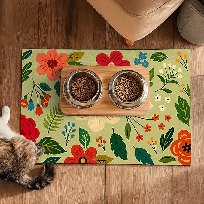 Non Slip Pet Feeding Mat with Floral Design for Dogs and Cats Food Water Bowl Placemat Easy Clean Pet Food Mat for Kitchen Dining Area Home Decor 24 x 16 Inch Absorbent Cat Water Bowl Mat