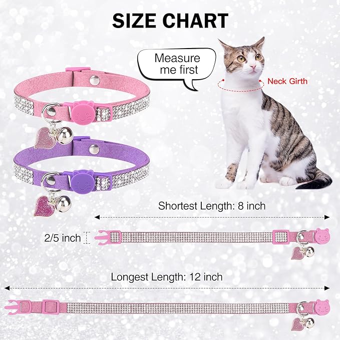 Rhinestone Cat Collar Breakaway with Bell, Diamond Cat Collar with Safety Buckle Quick Release for Girl Boy Small Kitten Pets Puppy,Cute Soft Female Male Cat Collars,Color Pink & Purple 8-12"