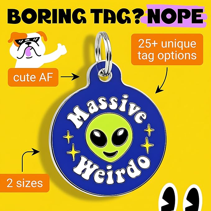 Bad Tags Personalized Dog and Cat ID Tags in 25+ Designs and 2 Sizes - 5 Lines of Custom Engraved Text - Funny Cute Personalized Pet Tags (Massive Weirdo, Large (1.25 inch))