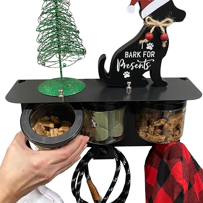 Dog Treat Holder For Wall Storage For Pets, Premium Pet Wall Organizer, Includes Three 16oz Airtight Dog Treat Jars, 3 Sets of Triple Hooks, Sturdy Shelf in Modern Black