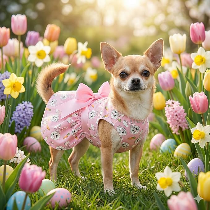 Easter Dog Dress with Pink Bunny Print, Cute Spring Pet Skirt for Small Dogs and Puppies, Soft Comfortable Outfit for Holiday