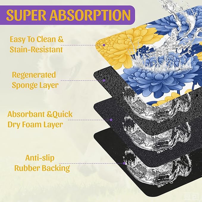 Blue Yellow Flowers Pet Feeding Mat, Quick Dry Absorbent Water Bowl Mat for Dogs and Cats, Anti-Slip Bottom, Indoor Use – 12x20 Inch
