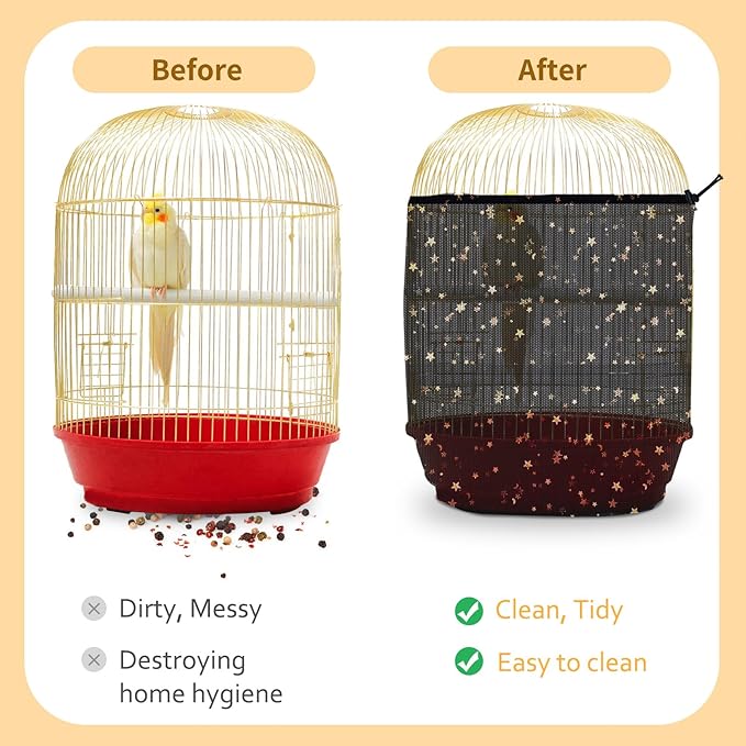 Bird Cage Seed Catcher, 45-90'' Adjustable Bird Cage Cover, Universal Nylon Bird Cage Mesh Net, Bird Cage Skirt Guard Accessories for Parrot Parakeet Macaw Round Square Cage (Black)