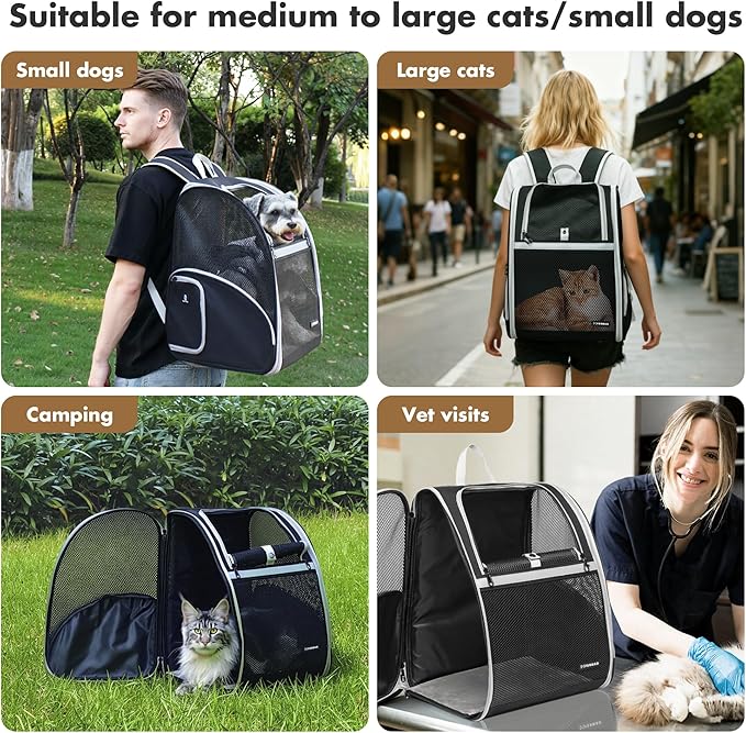 Pet Backpack Carrier, Large Cat Carrier Backpack Up to 20 Lbs with Breathable Mesh, for Medium Large Cats or Small Dogs, Travel Hiking Camping Backpack (Black-XL)