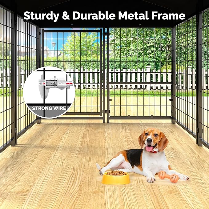 Sino Luban Outdoor Dog Kennel Outside Run with Doggy Door&Waterproof Roof - 4x4x4.6FT Large Dog Kennels Pens Outside for Small/Medium Dogs - Heavy Duty Cage Yard (Can Connect to Your Dog House)
