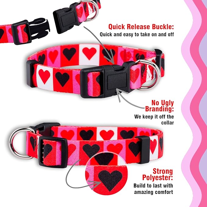 Native Pup Valentine’s Dog Collar- Valentines Day Pet Collars- Valentine Girly Hearts- Pink Red Heart- Cute Boy Girl Puppy Gift- Adjustable for Small, Medium, Large Breeds (Boxed Hearts, Small)