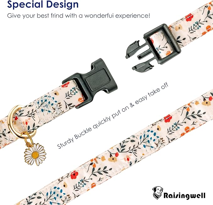 Cute Dog Collar Beige Flower Pattern for Boys and Girls Holiday Dog Collars Summer Fall Gift Adjustable for Medium to X-Large Breed Dogs (L)
