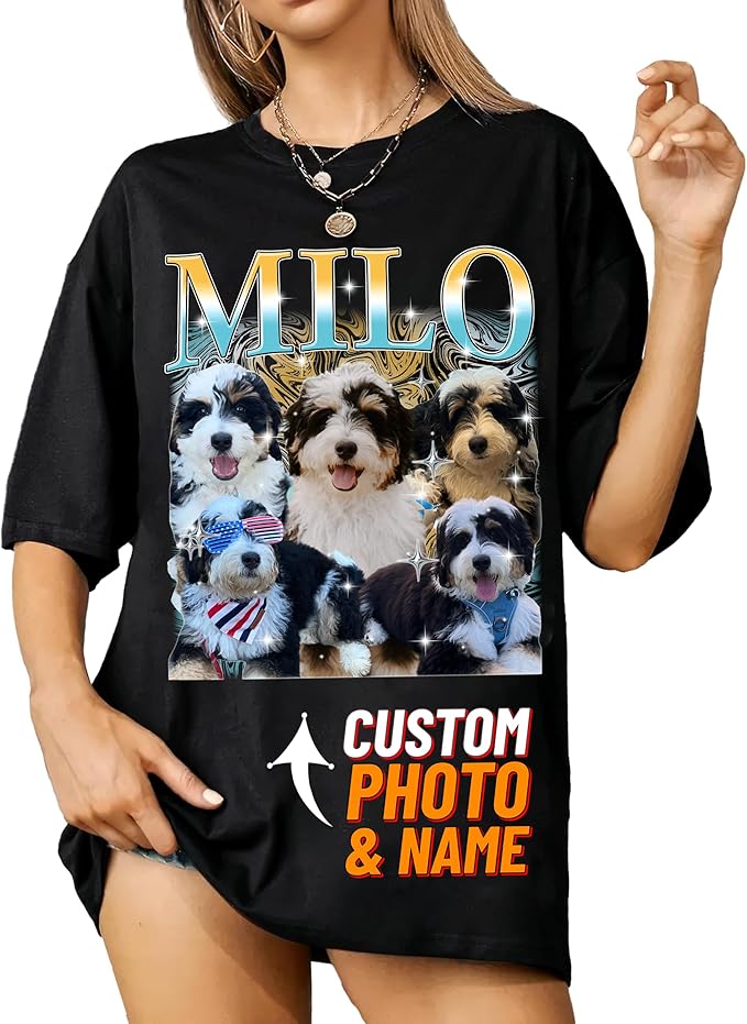 IZI POD Custom Dog Shirt for Women, Personalized Pet Face Photo Shirt, Bootleg Rap Tee Dog Gifts Valentine Birthday Gift