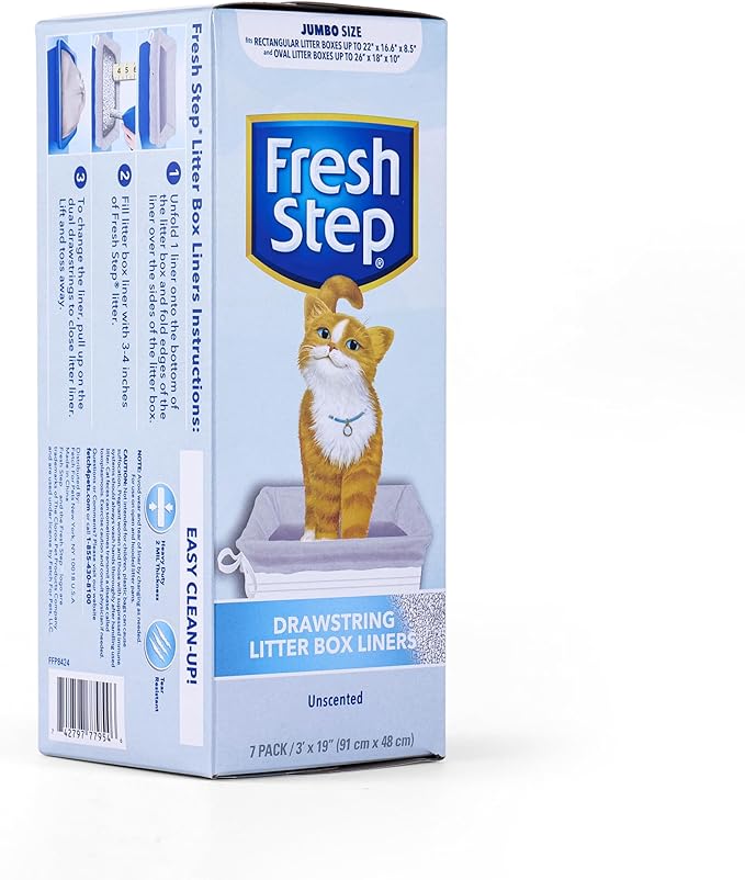 Fresh Step Jumbo Drawstring Cat Litter Box Liners, Unscented Heavy Duty Kitty Litter Bags for X-Large Oval or Rectangle Pans, Helps Contain Mess, Easy Lift Out Cleanup, 36 x 19 in, 7 Count