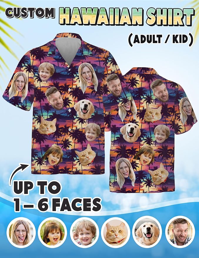 Custom Hawaiian Shirt with Face Photo Picture for Men Women Kids Youth Adult, Tropical Personalized Hawaiian Shirts Gift