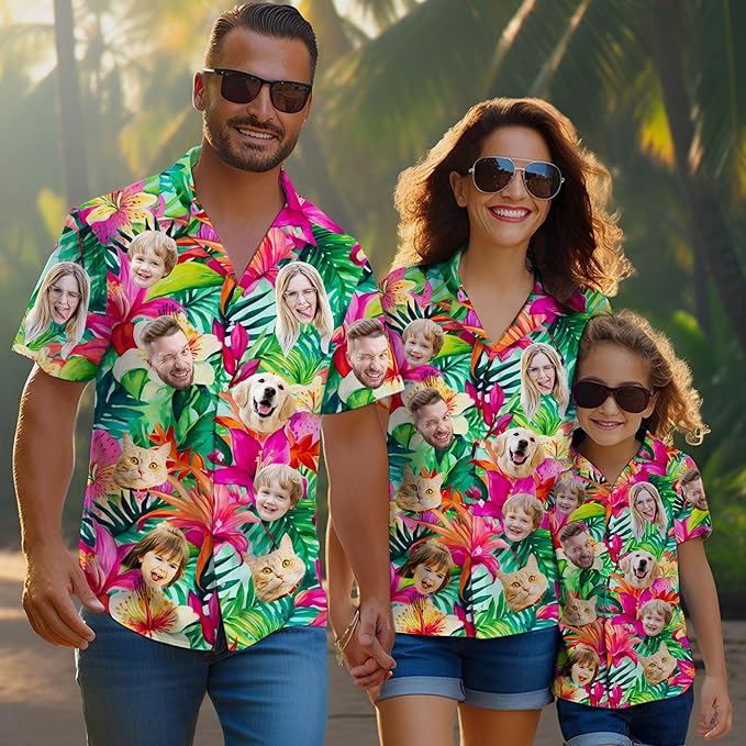 Custom Hawaiian Shirt with Face Photo Picture for Men Women Kids Youth Adult, Tropical Personalized Hawaiian Shirts Gift