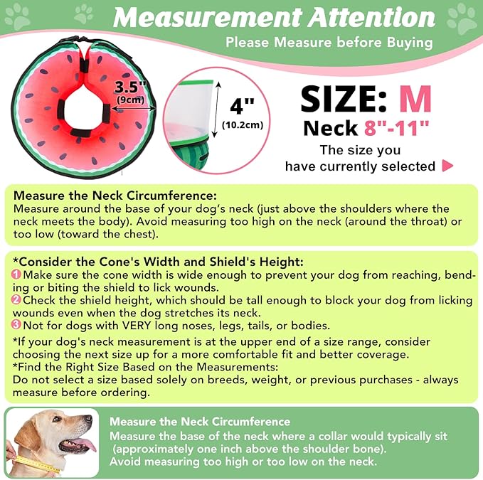 Inflatable Dog Cone with Anti-Licking Clear Shield, Protective Dog Donut Collar After Surgery, Adjustable Soft Recovery Cone for Pets, Alternative Collar with Buckle Strap (Watermelon, M)