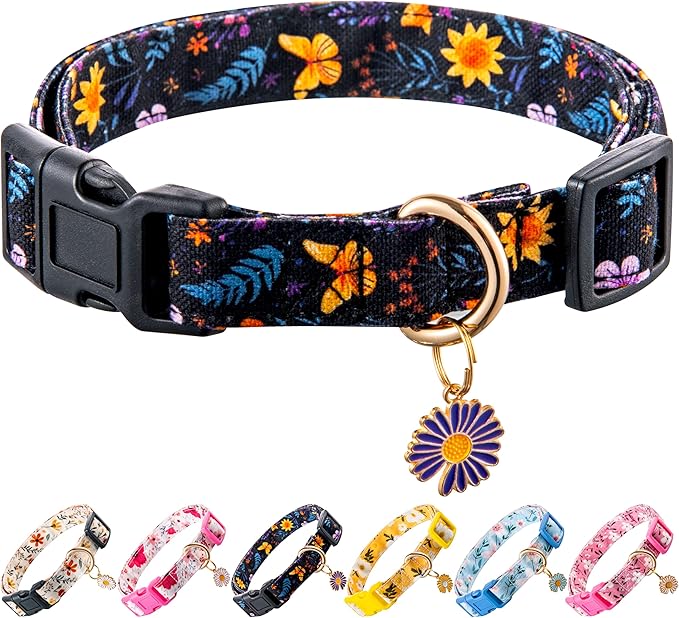 Cotton Dog Collar Purple Flower Pattern for Boys and Girls Cute Dog Collars Summer Fall Gift Adjustable for Medium to X-Large Breed Dogs (L)