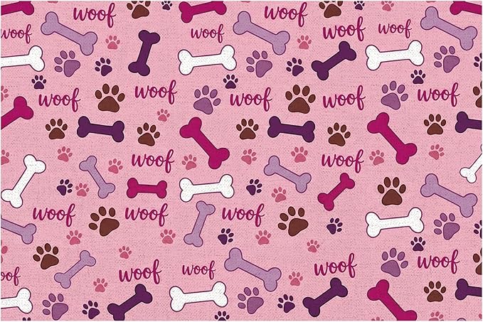 Dog Feeding Mat 24 x 16 Inch, Pink Paw Bone Woof Dog Placemat Absorbent Quick-Dry for Food and Water, Waterproof Non Slip Rubber Pet Bowl Pad Mat for Floors