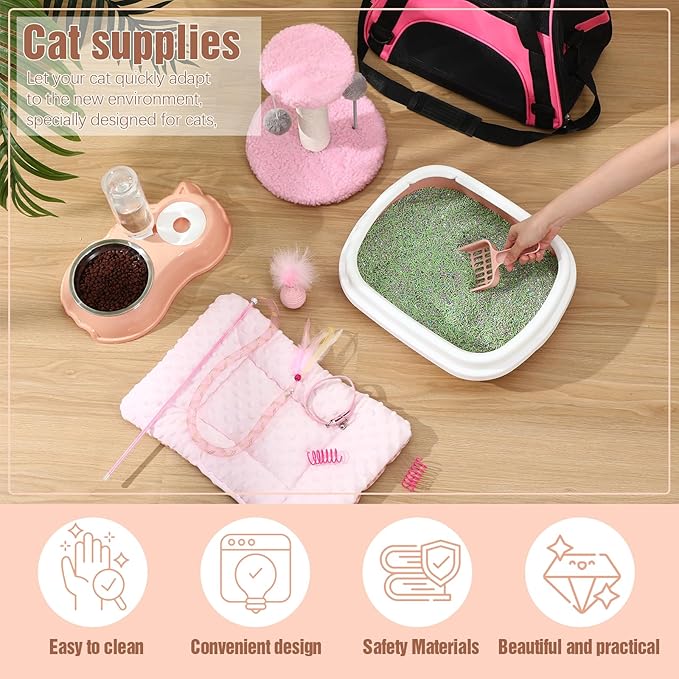 Eccliy Kitten Starter Kit, 10 Pcs Cat Starter Kit for Indoor Cats Kitten Essentials Includes Litter Box, Pet Toy, Folding Carrier, Climbing Frame, Mat, Collar, Automatic Food Bow(Classic,Pink)