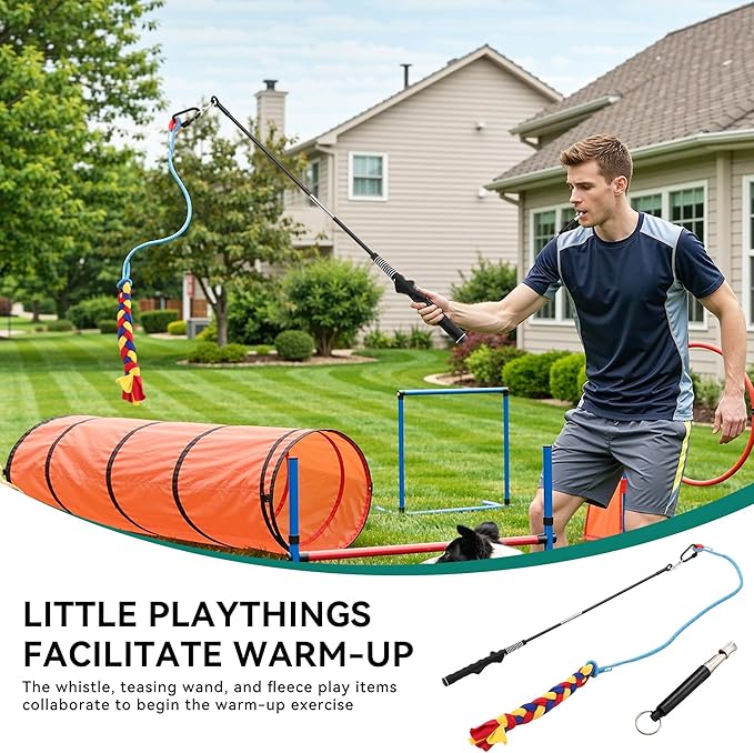 YITAHOME Dog Agility Training Equipment Set with Flexible Tunnel, Hurdle, Jump Ring, 6 Weave Poles, Pause Platform, Teaser Pole and Carry Bags for Indoors Outdoors, Orange/Blue