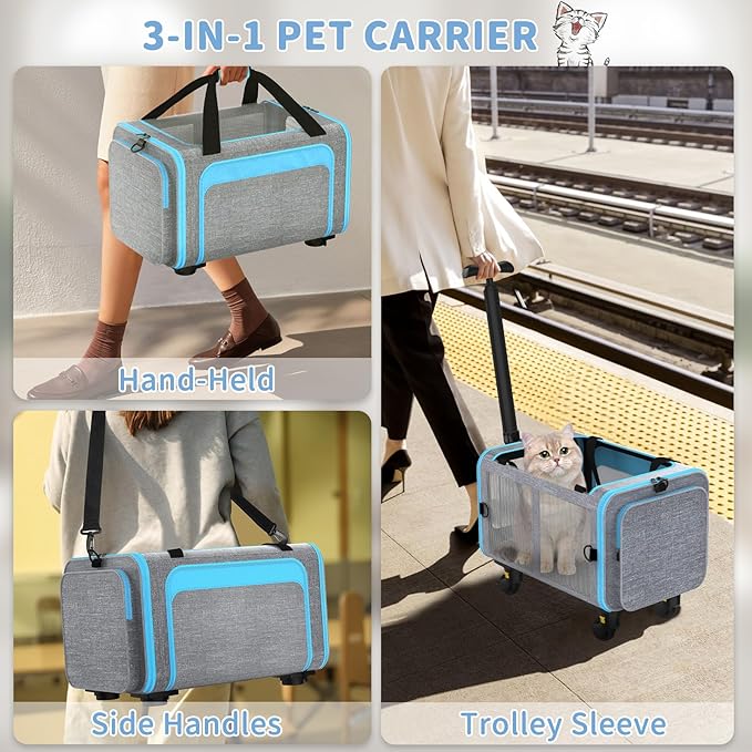 Rolling Pet Carrier with Detachable Wheels - 18x11x11 TSA Airline Approved for Southwest Delta United American, Soft Sided Expandable Travel Bag for Small Dogs & Cats up to 15Lbs, Fits Under Seat