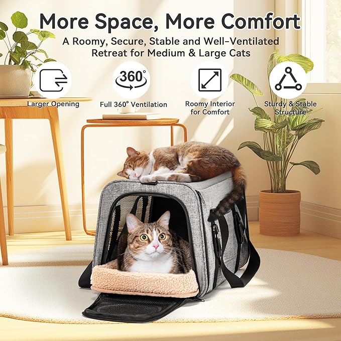 PETSFIT Large Cat Car Carrier with Patented Safety Buckles(19 x 12 x 12) – Roomy Escape-Proof for Safe Driving, Lockable Zippers & Safety Tether, Soft-Sided Travel Carrier for Road Trips & Vet Visits