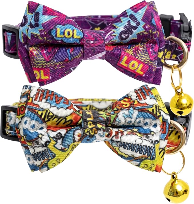Faygarsle 2 Pack Cotton Designer Breakaway Cats Collar with Bow Tie and Bell Graffiti Style Cat Collars for Girl Female Boy Male Cat Collar with Bell Collars for Cats Purple Yellow