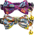 Faygarsle 2 Pack Cotton Designer Breakaway Cats Collar with Bow Tie and Bell Graffiti Style Cat Collars for Girl Female Boy Male Cat Collar with Bell Collars for Cats Purple Yellow