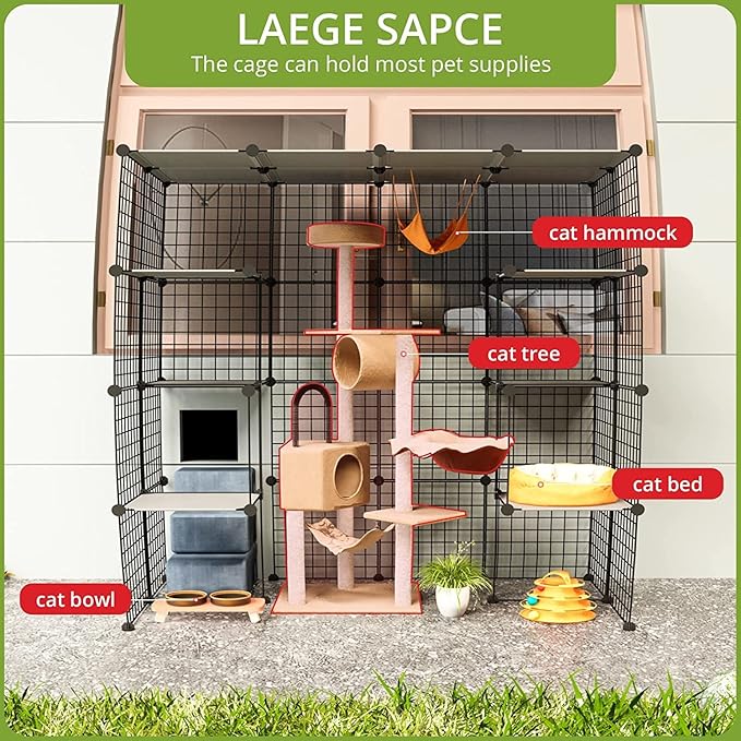 Oneluck Outdoor Cat House Cat Cages Enclosure with Super Large Enter Door, Balcony Cat Playpen with Platforms,DIY Kennels Crate Large Exercise Place Ideal for 1-3 Cats (55L x 28W x 55H)