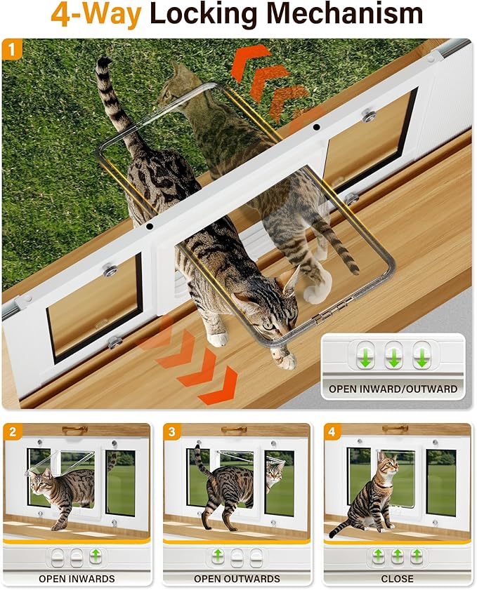 Cat Door for Window Weatherproof: Aluminum Frame Flap Pet Door Fit Window Insert - Easy Adjustable to Quick Fit Windows Width 31"-36" - 4 Secure Lock Modes with Magnetic Closure for Cats Dog