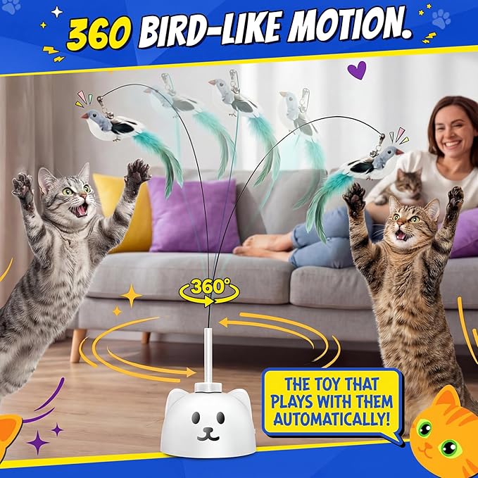 Interactive Cat Toys for Indoor Cats - Automatic Flying Bird Feather Toy, USB Rechargeable Electric Cat Teaser with Strong Sticky Base, Smart Motion Self-Play Toy for Bored Cats(Brown)