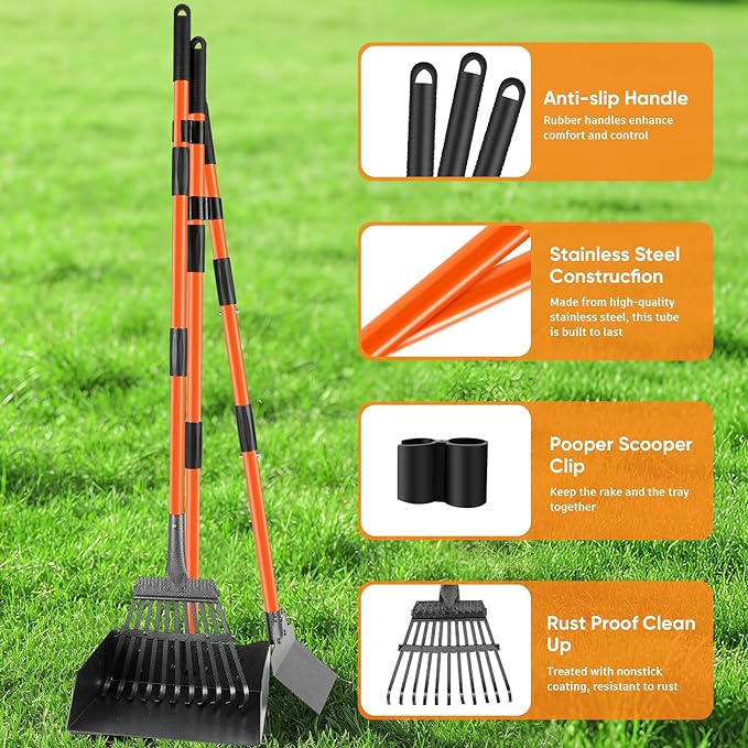Pooper Scooper, Extra Large Long Handle Dog Pooper Scooper for Dogs Heavy Duty, Pet Supplies Stainless Metal Tray, Spade and Rake Set, Use on Grass, Dirt or Gravel