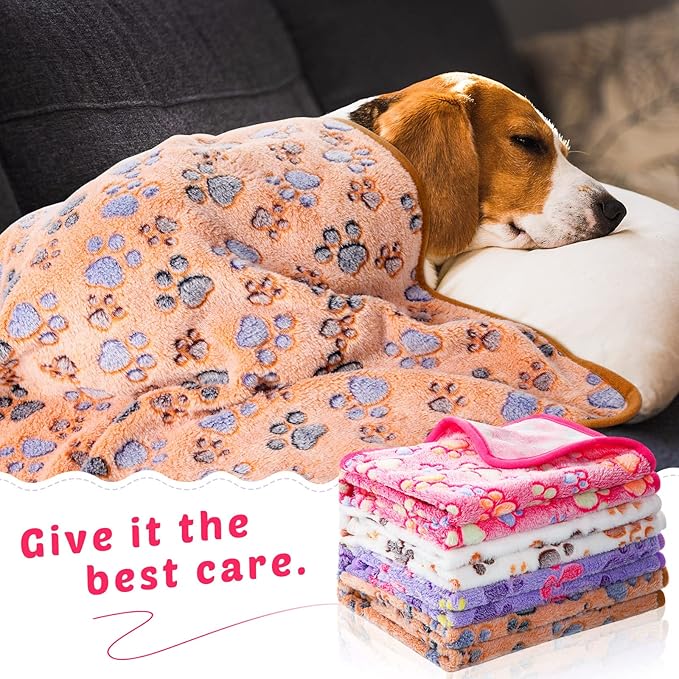 Tegeme 8 Pcs Fleece Dog Blankets for Small Dogs Cat Soft Coral Velvet Warm Sleep Mat Fluffy Dog Paw Print Blanket for Kitten Doggy Small Animal(30 x 41 Inch,Mixed Color)