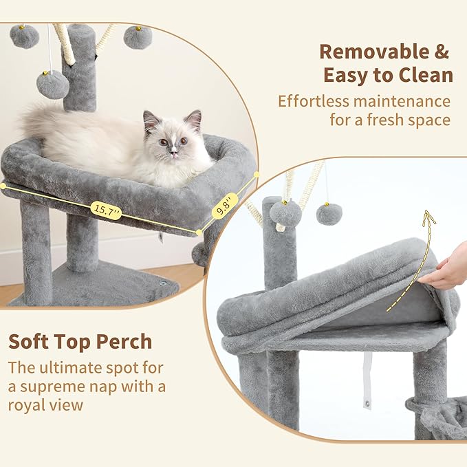 Heybly Cat Tree, 45.3-Inch Cat Tower for Indoor Cats with Large Perch, All-in-One Cat Furniture with Cozy Bed, Hidden Space Cat Condo, Comfy Hammock, Scratching Posts & 3 Pompoms, Light Gray HCT202SW