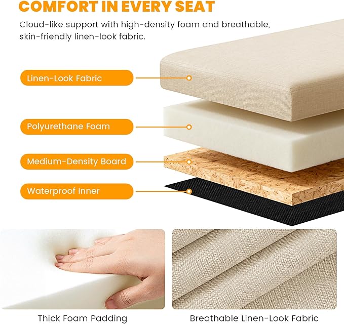 3-in-1 Cat Litter Box Enclosure with Odor Control, Multi-Functional Hidden Litter Box Furniture Bench, Dog Proof, Space-Saving Ottoman Cabinet with Flip-Up Lid, Storage Footrest, Beige