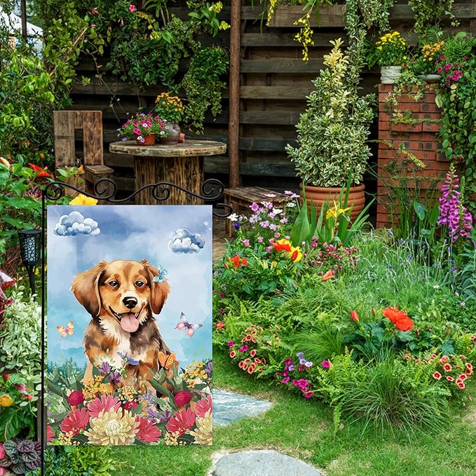 Dog Welcome Garden Flag Welcome Happy Butterfly Dog Animals Outdoor Garden,Flag Welcome Spring Summer Garden Flag,Flower House Seasonal Decoration -12 x 18"Inch Double Sided