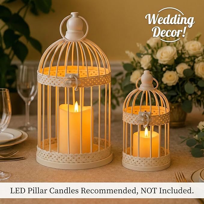 Vela Lanterns Bird Cage Decor Candle Holder Lantern Decorative Wedding Table Centerpiece Decorations, 10" and 6" Tall, White, Set of 2