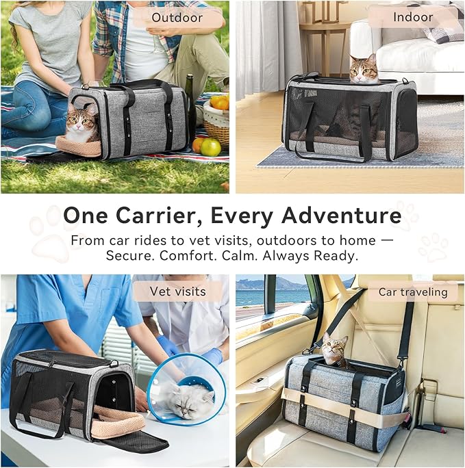 PETSFIT Large Cat Car Carrier with Patented Safety Buckles(19 x 12 x 12) – Roomy Escape-Proof for Safe Driving, Lockable Zippers & Safety Tether, Soft-Sided Travel Carrier for Road Trips & Vet Visits